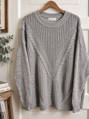Ava & Viv 2X Gray Cable Knit Cotton Wool Blend Oversized Sweater